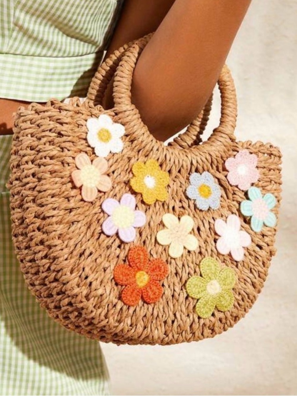 Woven Floral Straw Bag with Multicolor Flowers